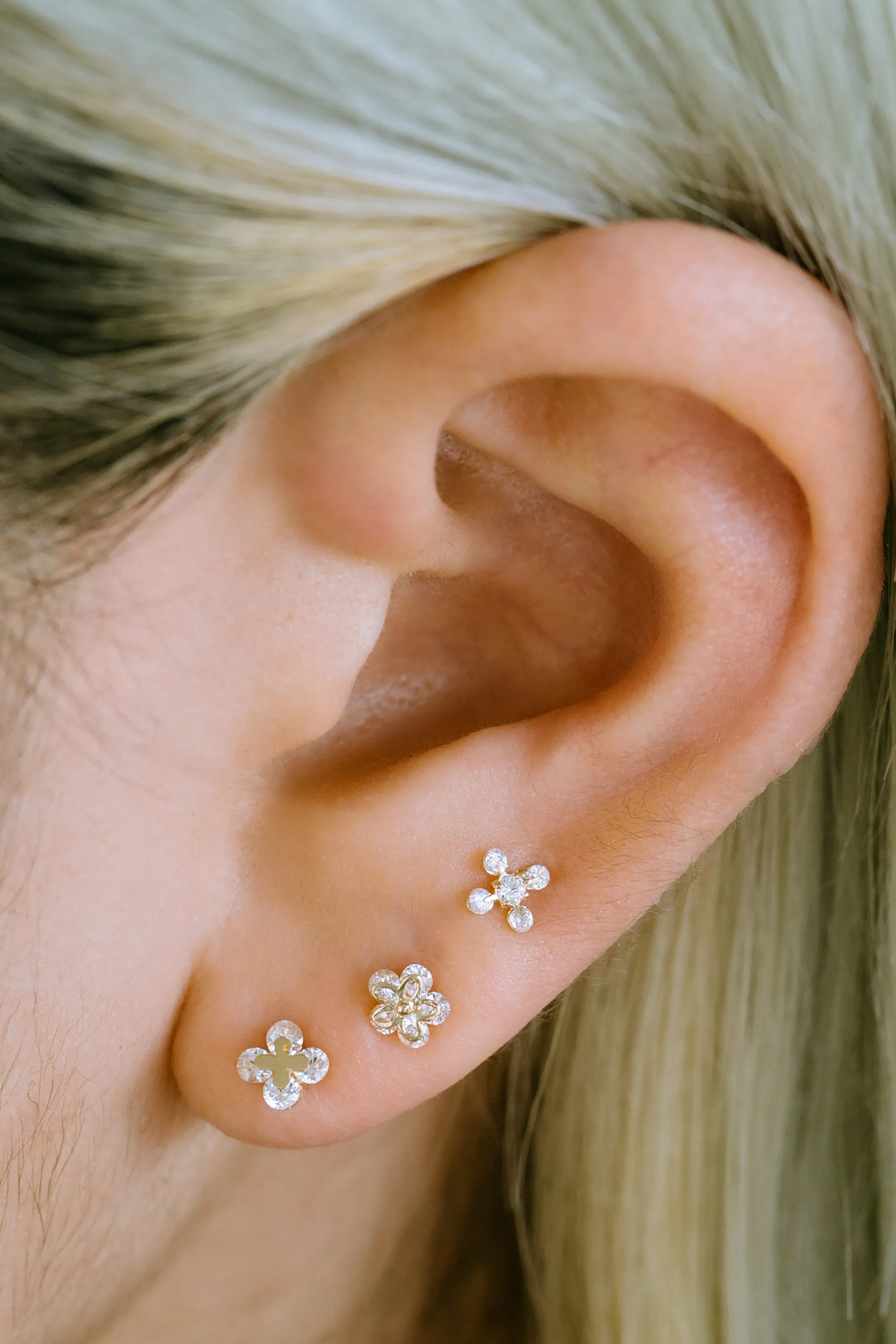 14k Gold Jewelry Minimalist Daisy Flower Shape Cz Barbell Barbells Ears Stud Piercing