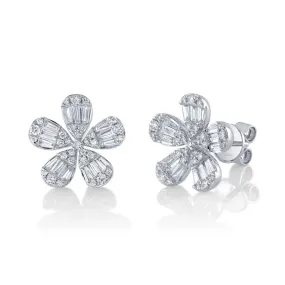 14K White Gold 1 Carat Total Weight Diamond Baguette Flower Stud Earrings