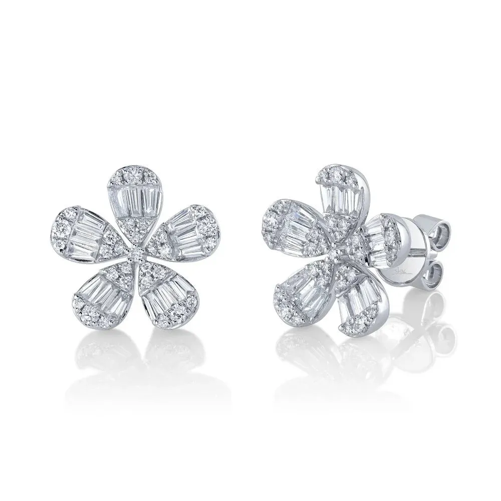 14K White Gold 1 Carat Total Weight Diamond Baguette Flower Stud Earrings