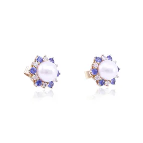 14K YELLOW GOLD AKOYA PEARL FLOWER STUD EARRINGS WITH SAPPHIRE AND DIAMOND HALO