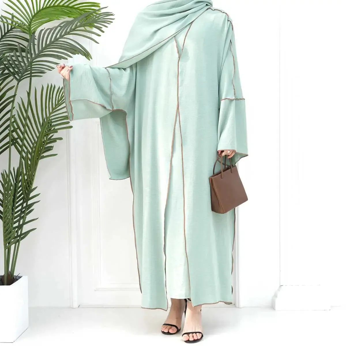 2 Pieces Heavy Wrinkle Fabric Open Abaya Dress Set