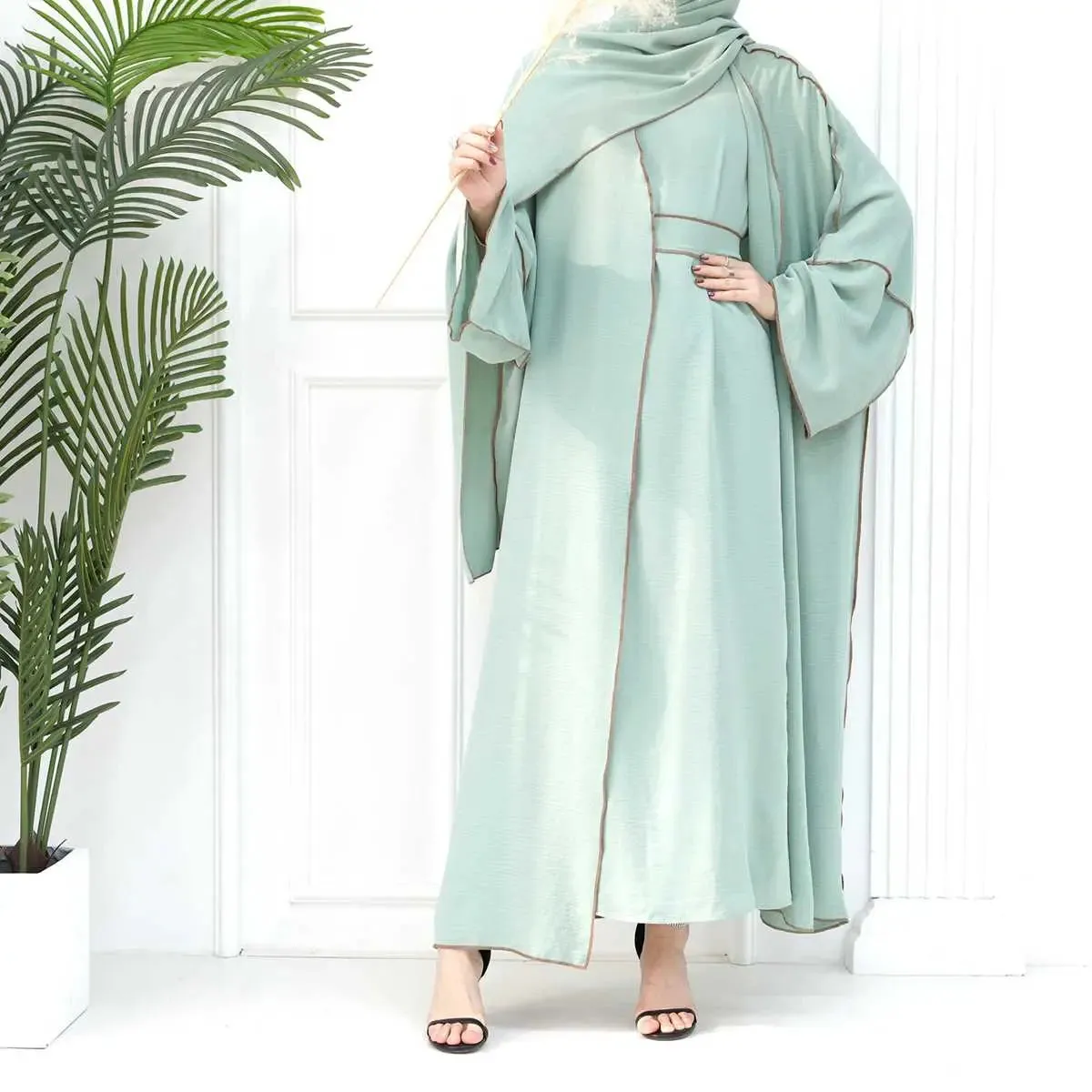 2 Pieces Heavy Wrinkle Fabric Open Abaya Dress Set