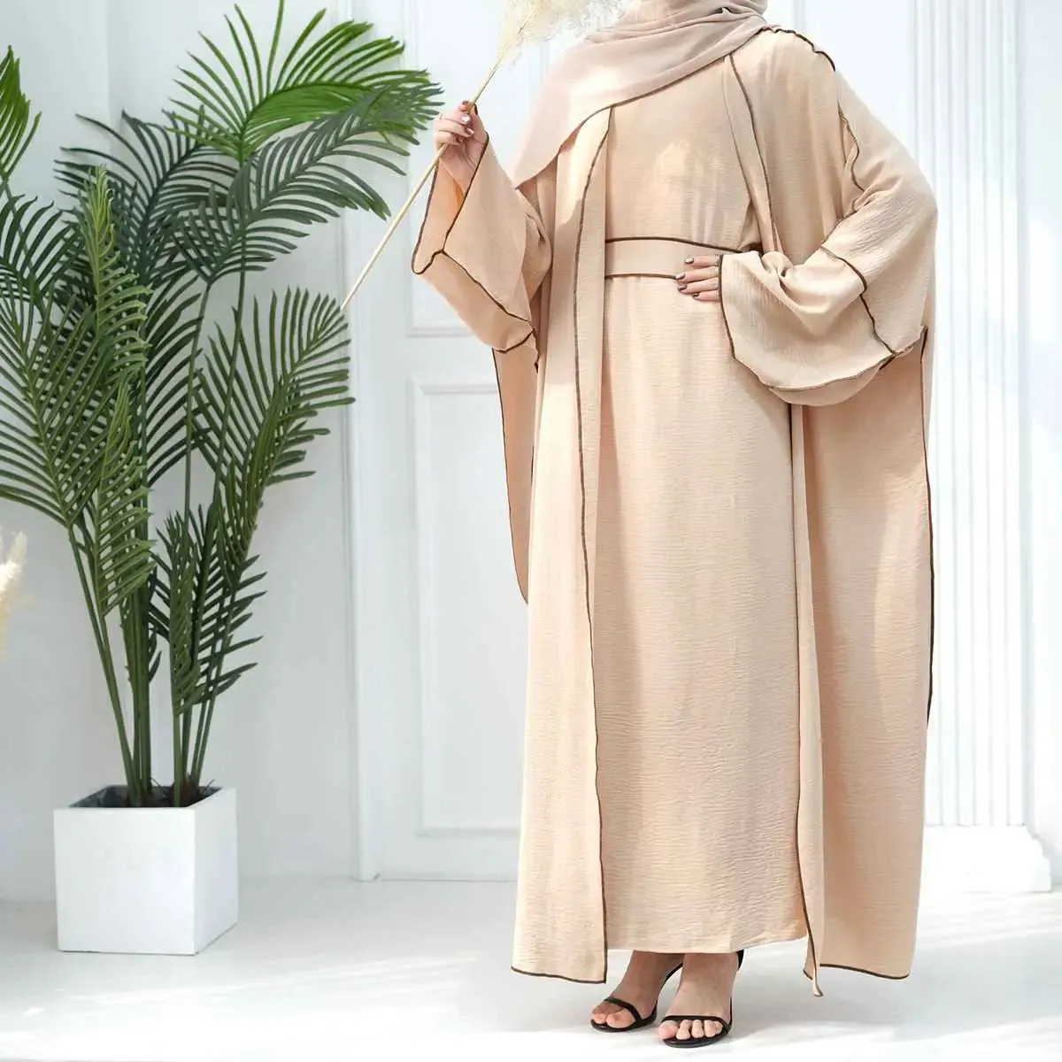 2 Pieces Heavy Wrinkle Fabric Open Abaya Dress Set