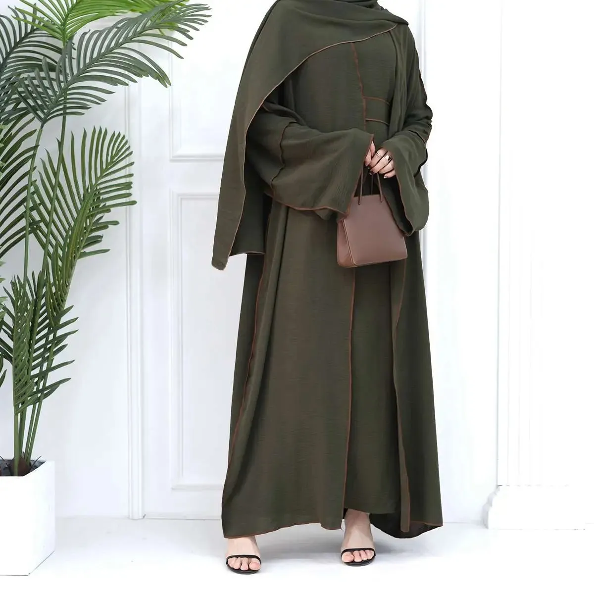 2 Pieces Heavy Wrinkle Fabric Open Abaya Dress Set