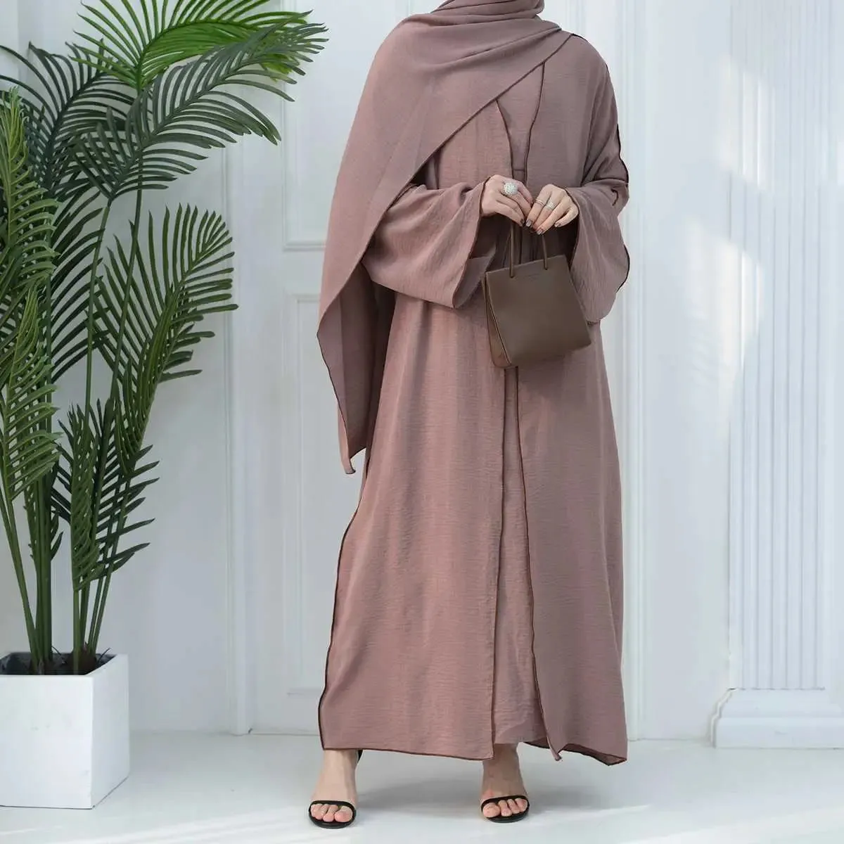 2 Pieces Heavy Wrinkle Fabric Open Abaya Dress Set