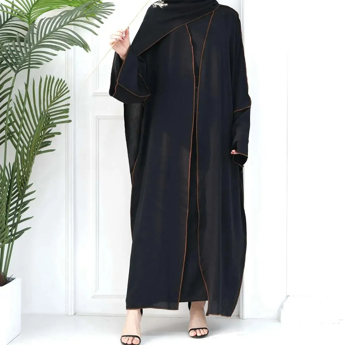 2 Pieces Heavy Wrinkle Fabric Open Abaya Dress Set