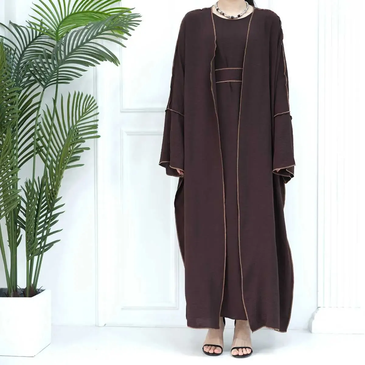 2 Pieces Heavy Wrinkle Fabric Open Abaya Dress Set