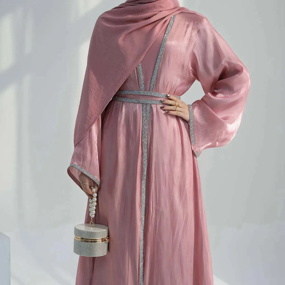 2 Pieces Hotfix Rhinestone Bright Open Abaya Dress Set With Inner Dress