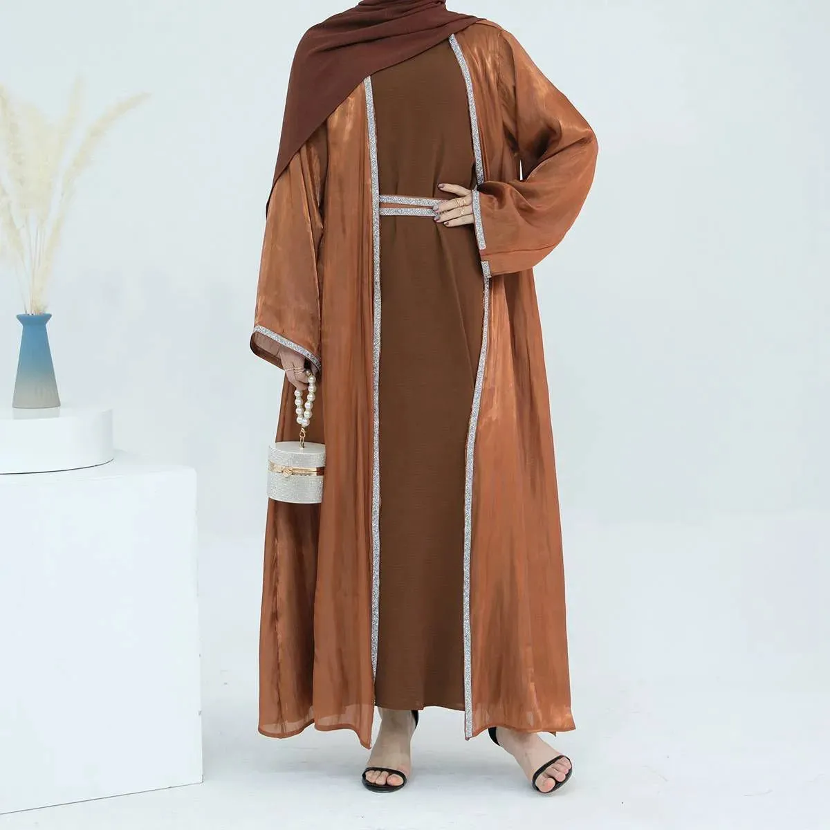 2 Pieces Hotfix Rhinestone Bright Open Abaya Dress Set With Inner Dress