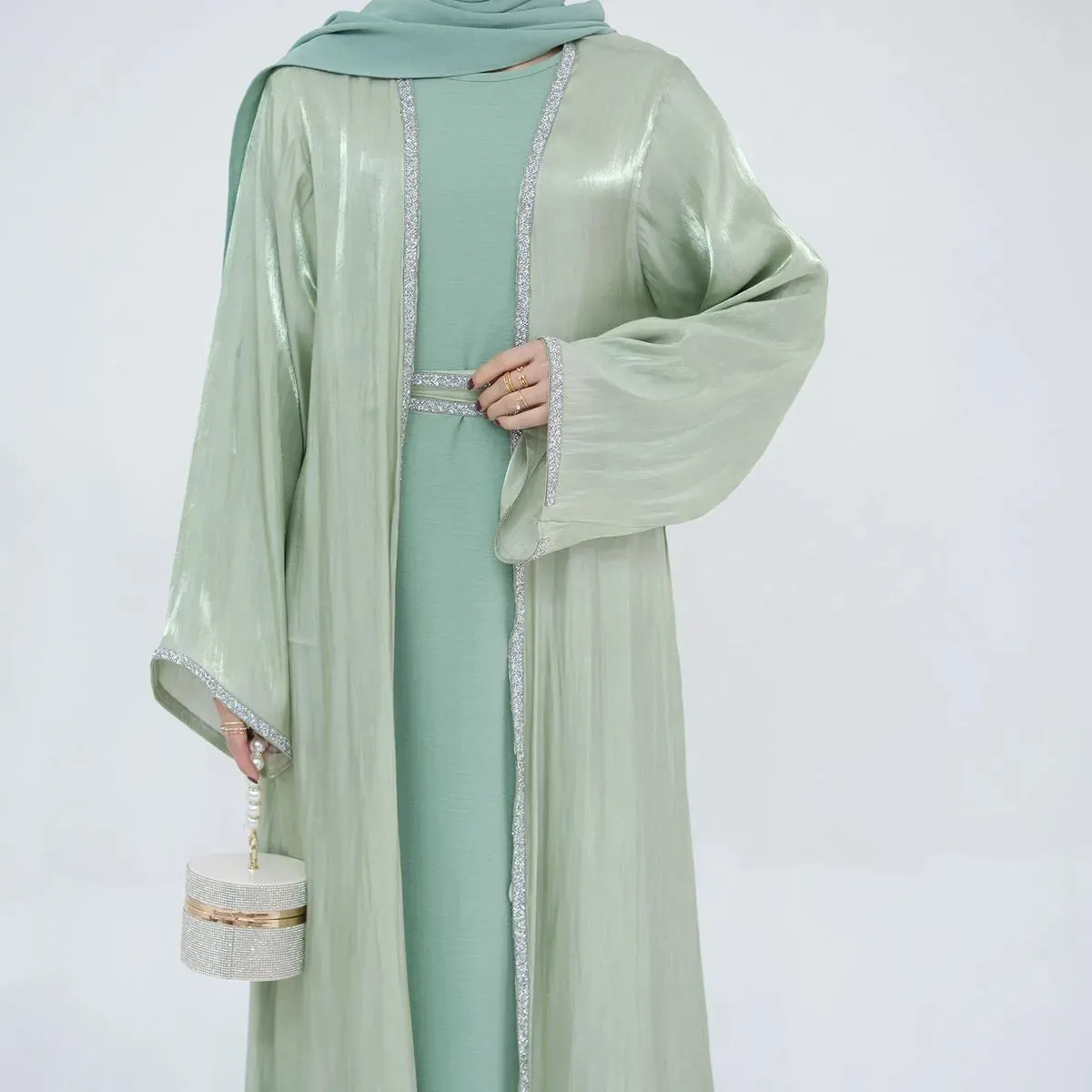 2 Pieces Hotfix Rhinestone Bright Open Abaya Dress Set With Inner Dress