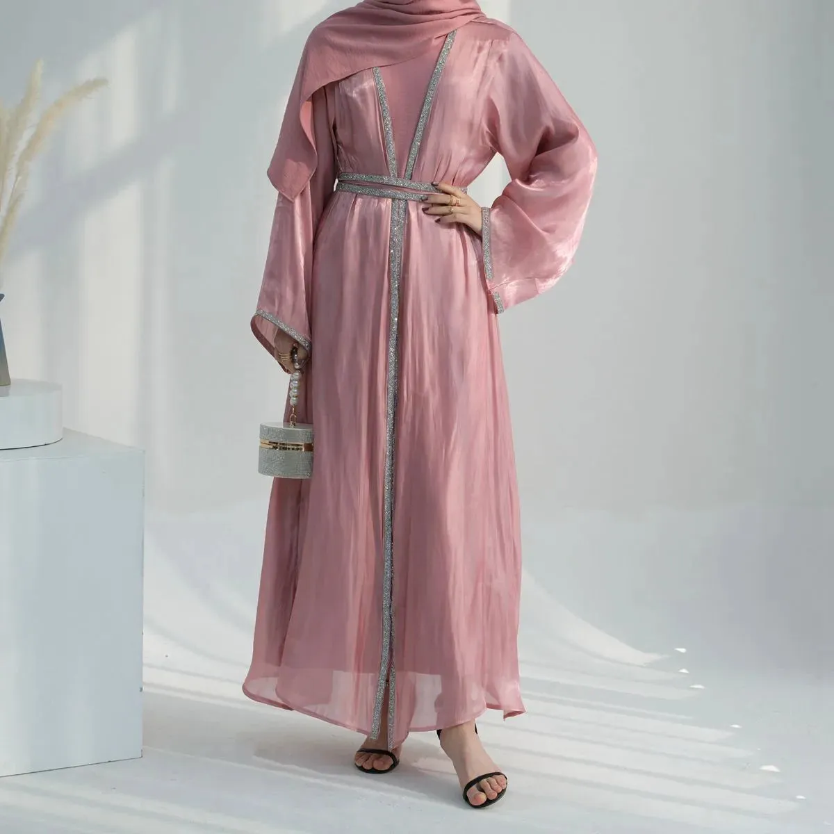 2 Pieces Hotfix Rhinestone Bright Open Abaya Dress Set With Inner Dress