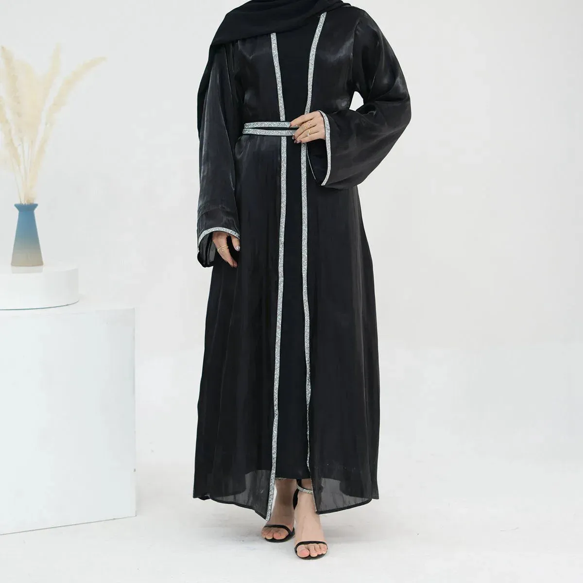 2 Pieces Hotfix Rhinestone Bright Open Abaya Dress Set With Inner Dress