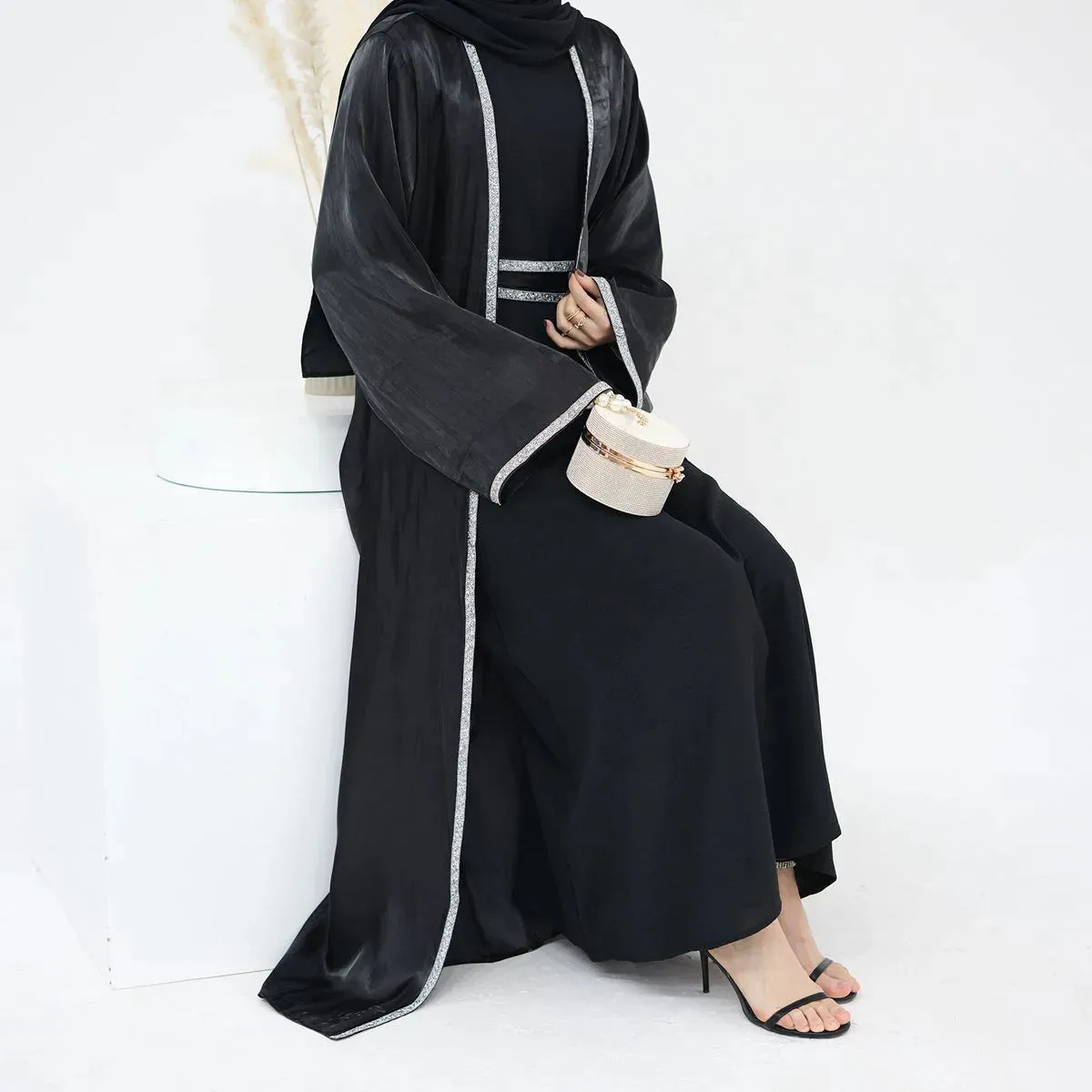 2 Pieces Hotfix Rhinestone Bright Open Abaya Dress Set With Inner Dress