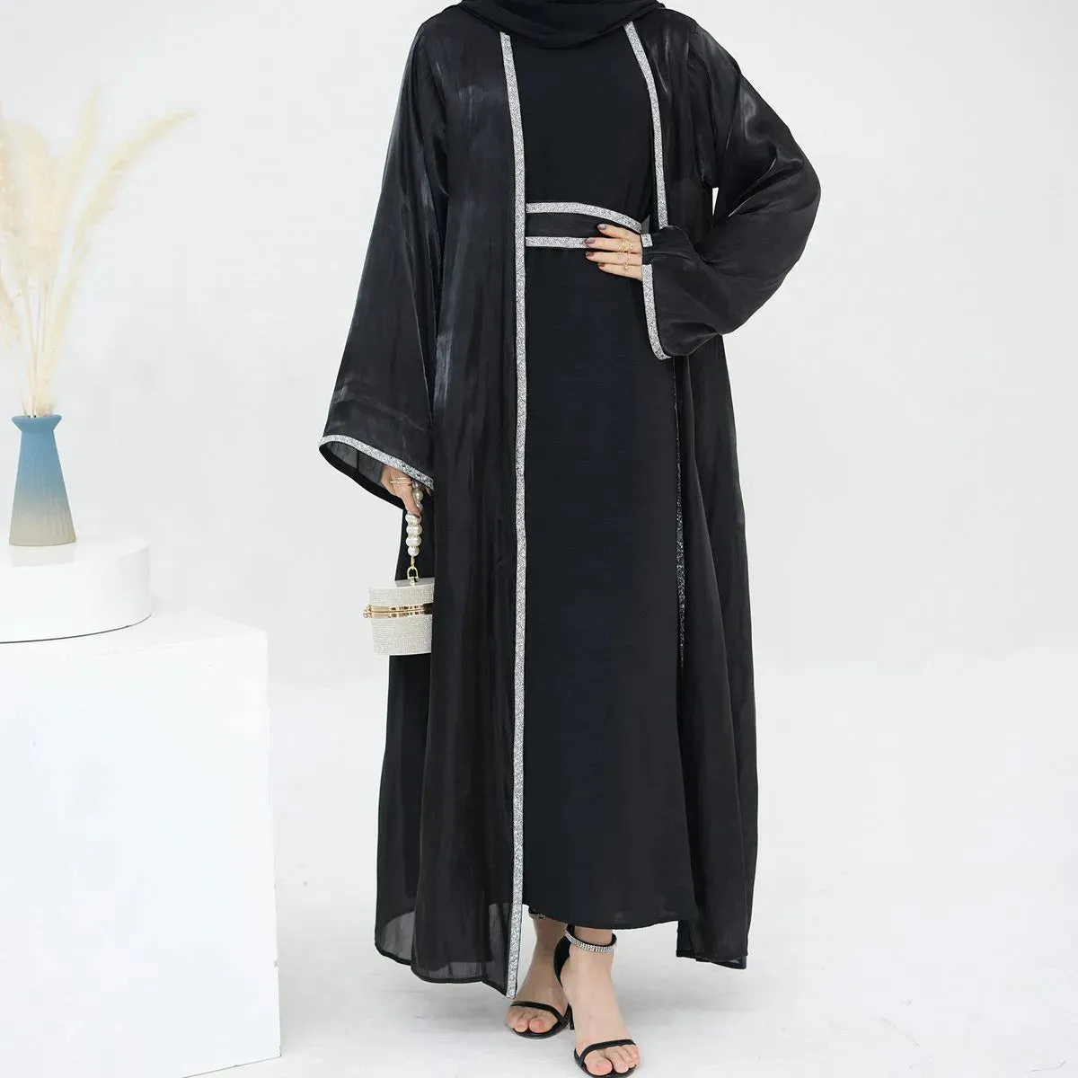 2 Pieces Hotfix Rhinestone Bright Open Abaya Dress Set With Inner Dress