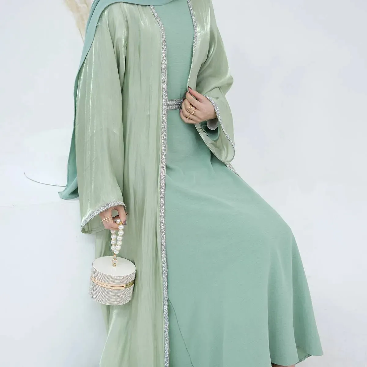 2 Pieces Hotfix Rhinestone Bright Open Abaya Dress Set With Inner Dress