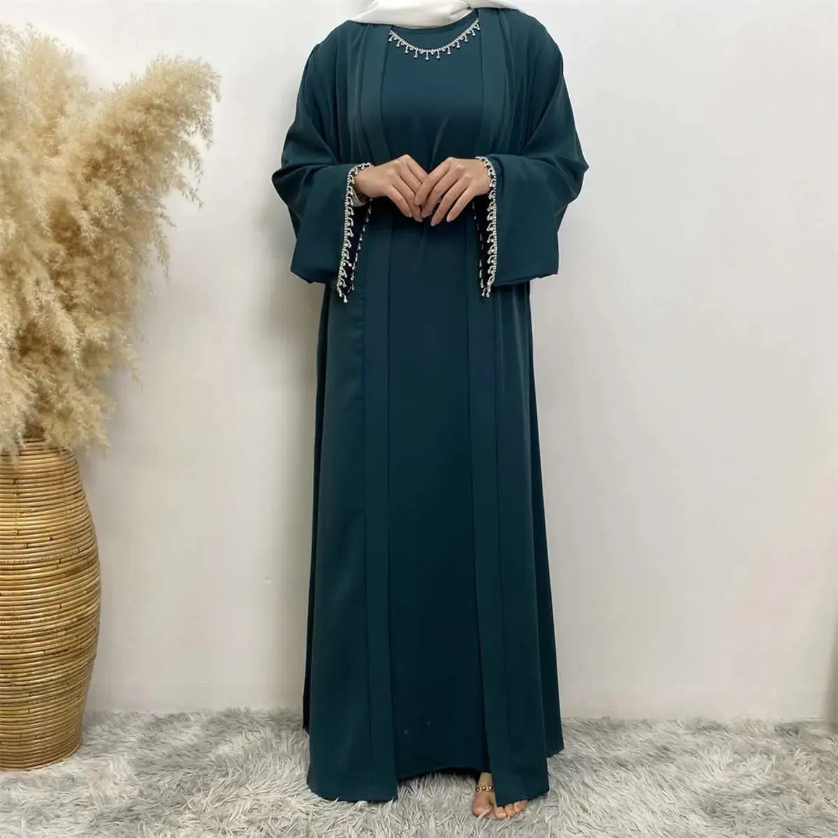 2 Pieces Set Rhinestone Open Abaya Dress With Inner Sleeveless Dress And Belt