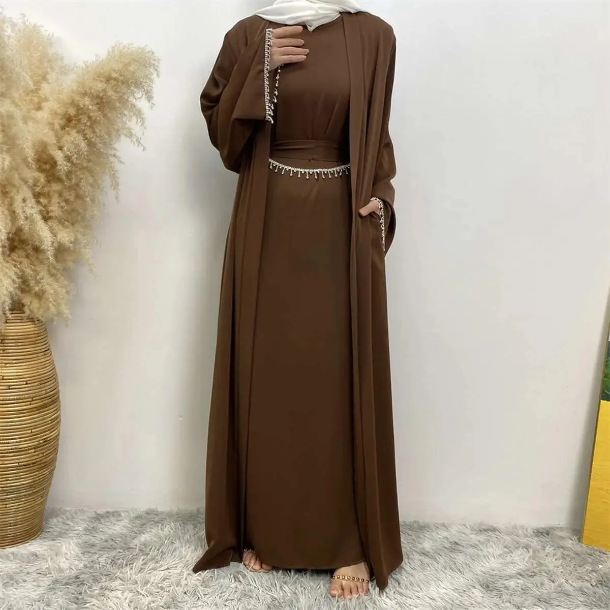 2 Pieces Set Rhinestone Open Abaya Dress With Inner Sleeveless Dress And Belt