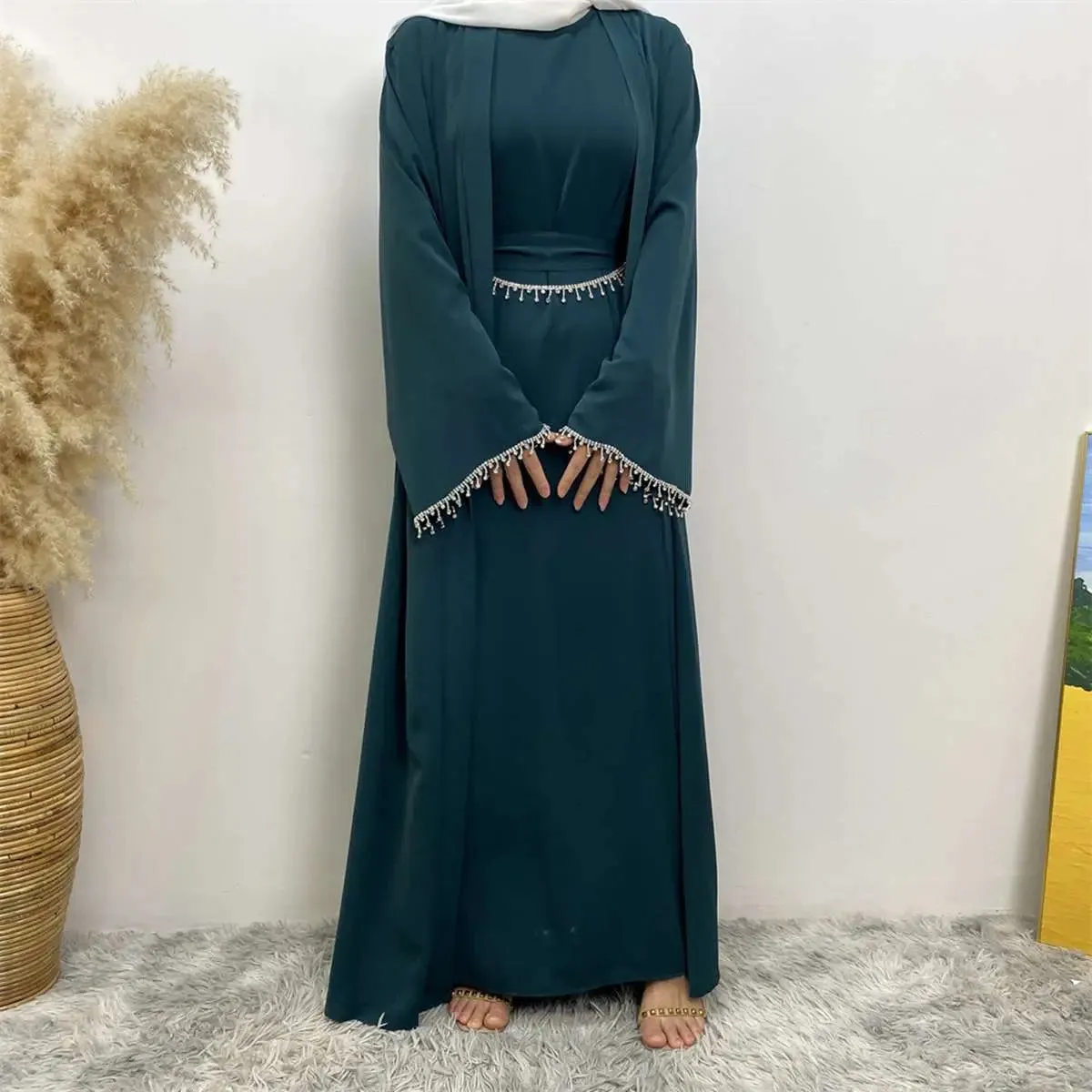 2 Pieces Set Rhinestone Open Abaya Dress With Inner Sleeveless Dress And Belt