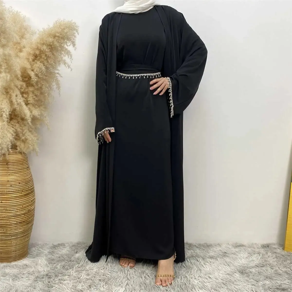 2 Pieces Set Rhinestone Open Abaya Dress With Inner Sleeveless Dress And Belt