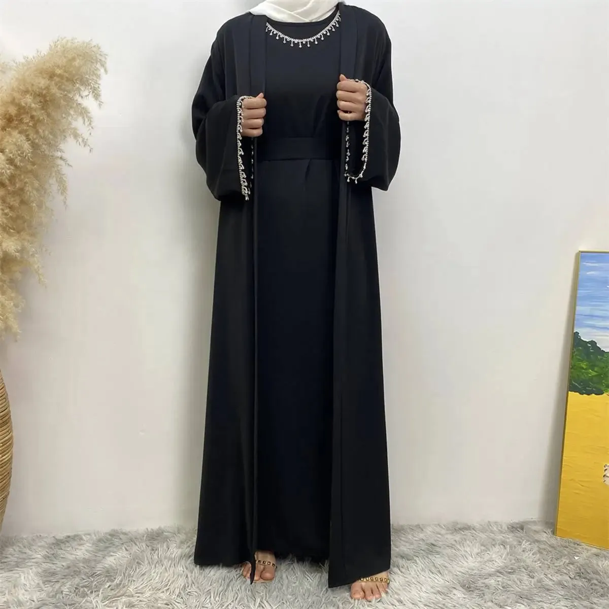 2 Pieces Set Rhinestone Open Abaya Dress With Inner Sleeveless Dress And Belt