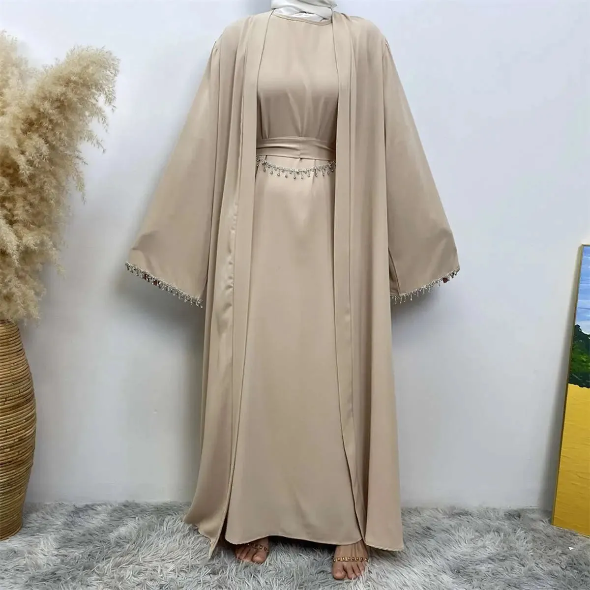 2 Pieces Set Rhinestone Open Abaya Dress With Inner Sleeveless Dress And Belt