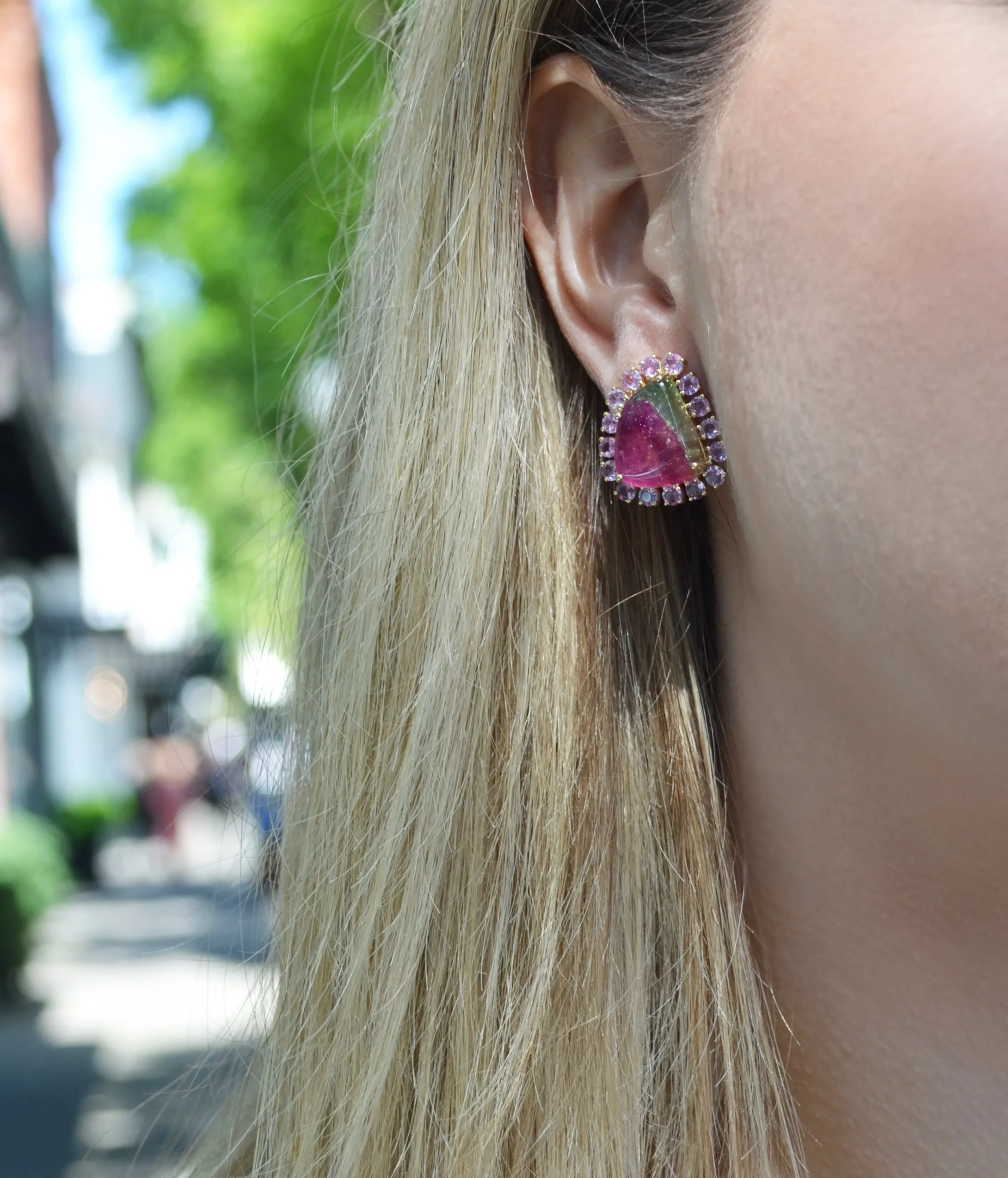 A & Furst - Sole - One of a Kind Button Earrings with Watermelon Tourmaline, Pink and Green Sapphires, 18k Yellow Gold