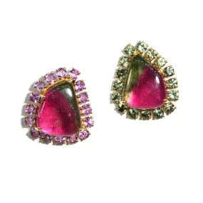 A & Furst - Sole - One of a Kind Button Earrings with Watermelon Tourmaline, Pink and Green Sapphires, 18k Yellow Gold