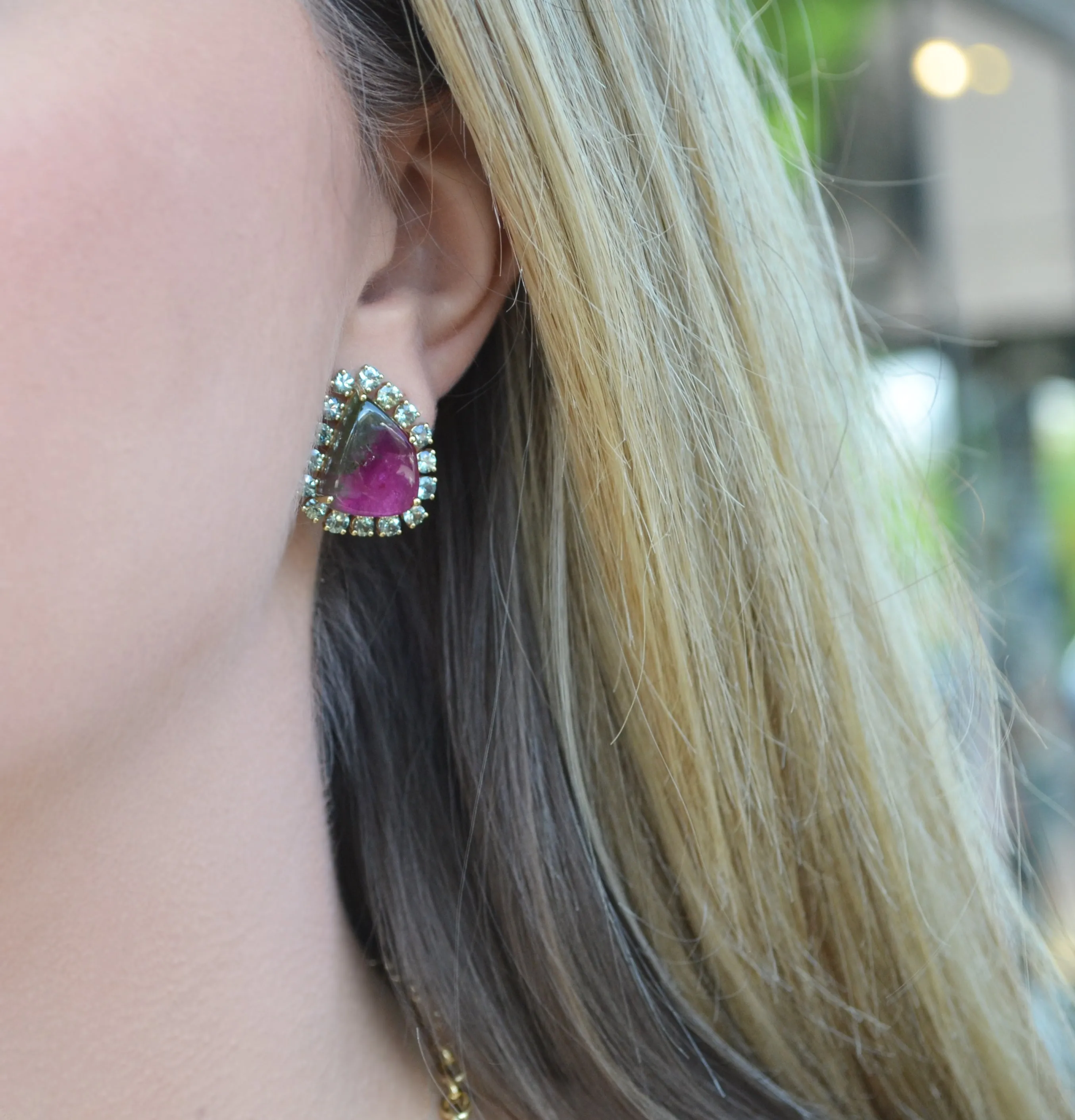 A & Furst - Sole - One of a Kind Button Earrings with Watermelon Tourmaline, Pink and Green Sapphires, 18k Yellow Gold