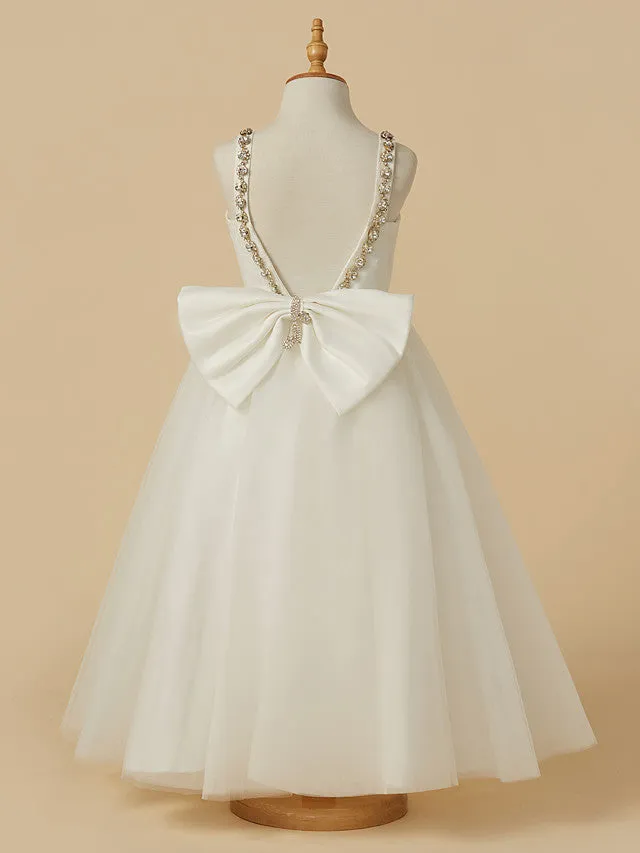 A-Line Lace Tulle Backless Wedding First Communion Flower Girl Dresses