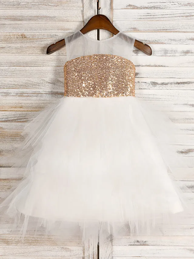 A-Line Tulle Sequined Jewel Neck Wedding First Communion Pageant Flower Girl Dresses