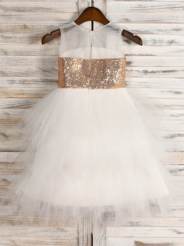 A-Line Tulle Sequined Jewel Neck Wedding First Communion Pageant Flower Girl Dresses