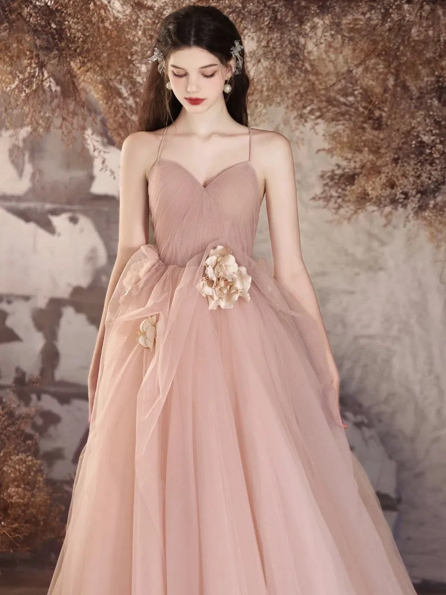 A-Line V Neck Tulle Flower Pink Long Prom Dress, Pink Long Evening Dress