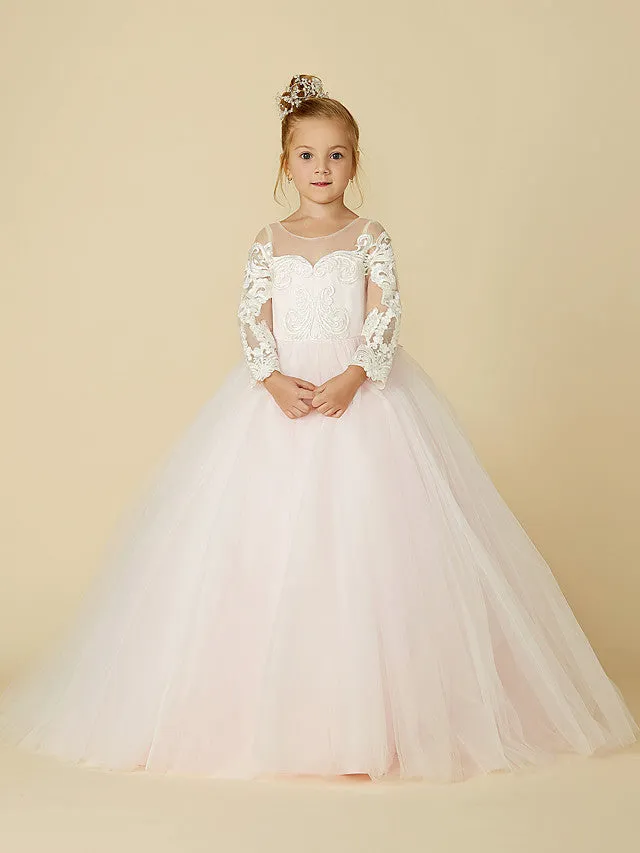 Ball Gown Lace Tulle Wedding Party Pageant Flower Girl Dresses with Sleeves