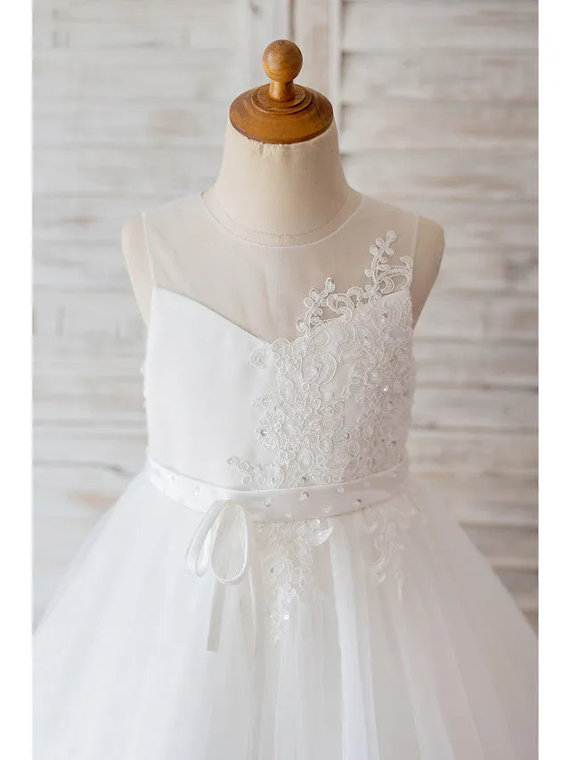 Ball Gown Tulle Sleeveless Jewel Neck Wedding Birthday Flower Girl Dresses