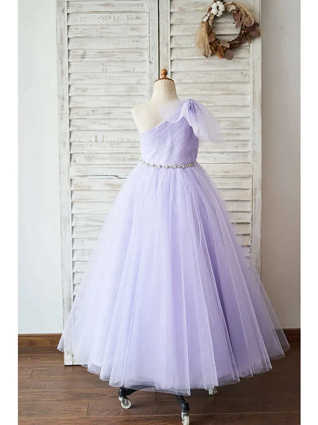 Ball Gown Tulle Sleeveless One Shoulder Wedding Birthday Flower Girl Dresses