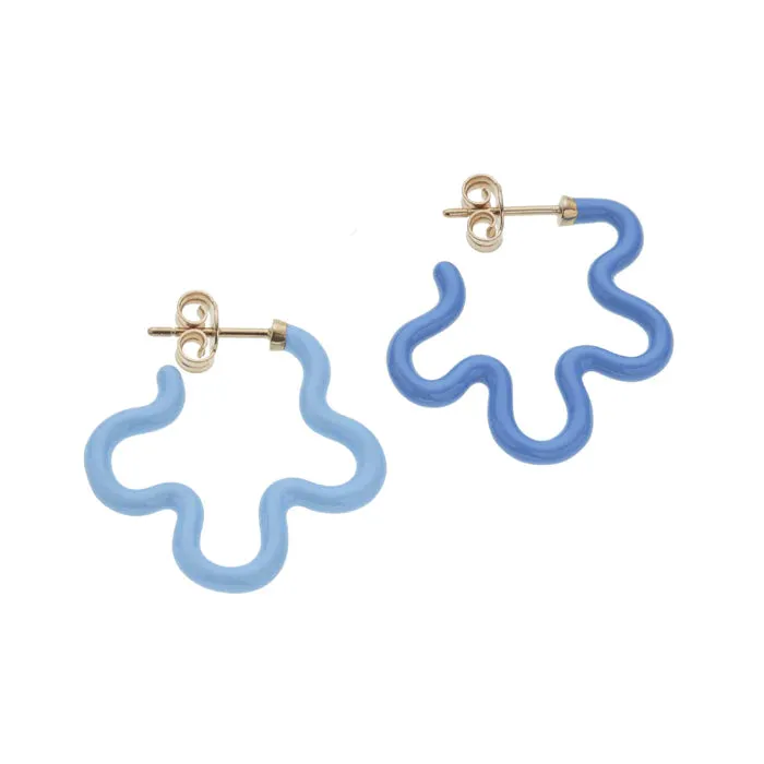 Bea Bongiasca - Two Tone Asymmetrical Flower Earrings with Turquoise and Baby Blue Enamel, Yellow Gold and Silver