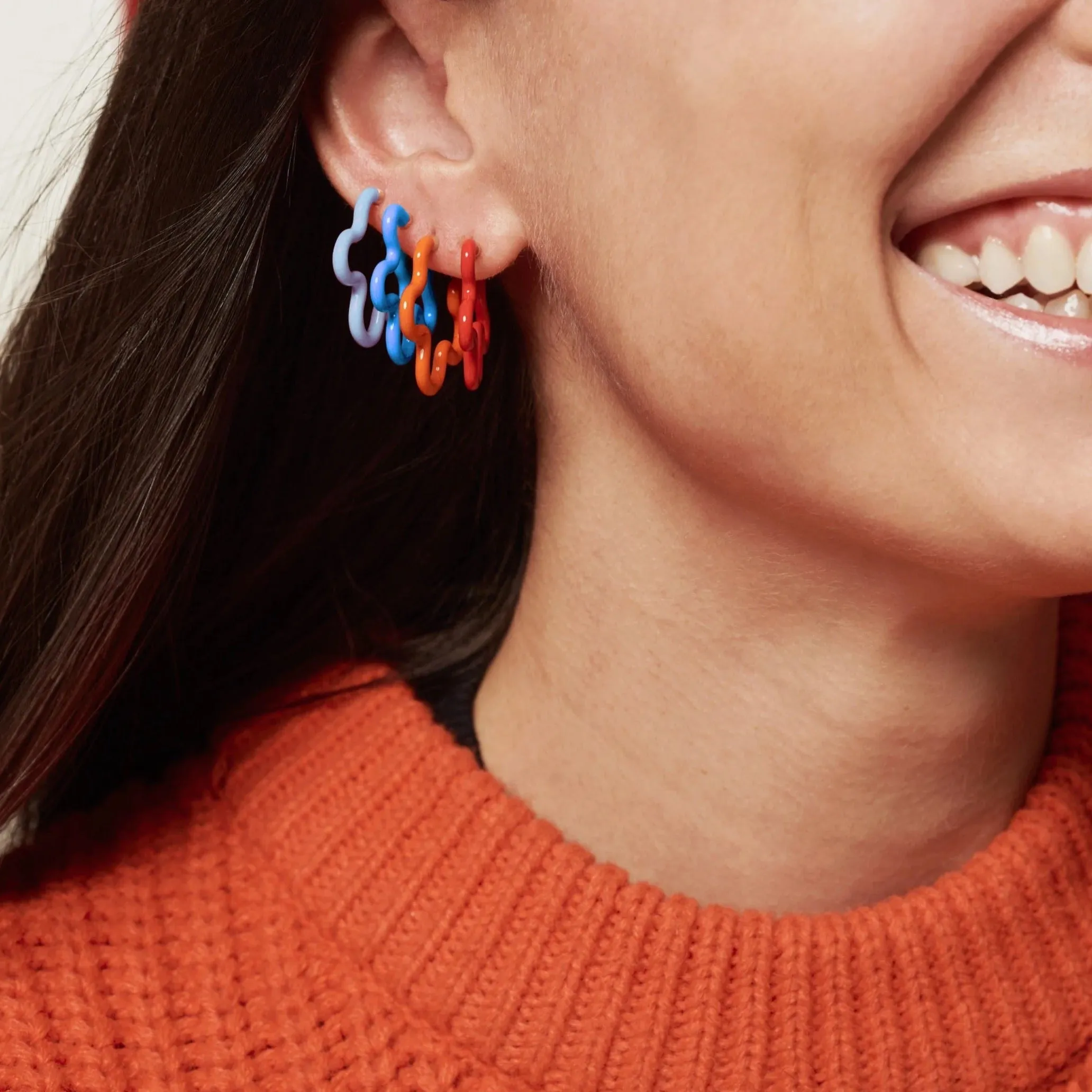 Bea Bongiasca - Two Tone Asymmetrical Flower Earrings with Turquoise and Baby Blue Enamel, Yellow Gold and Silver