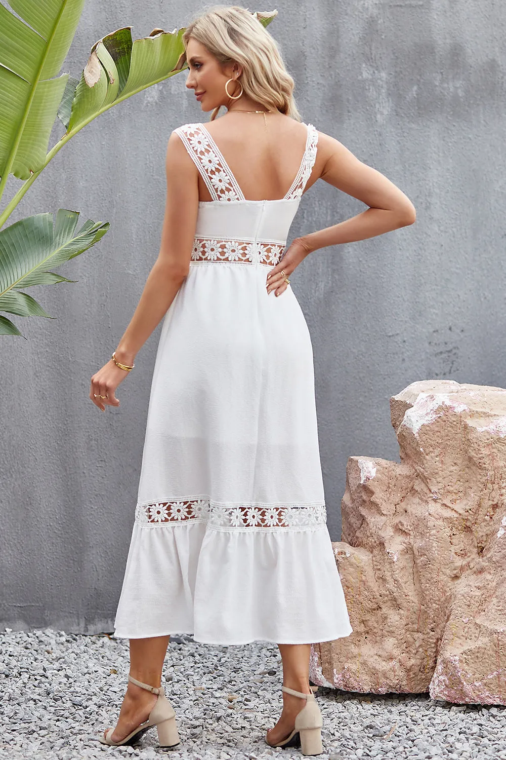 Beach Wedding Guest Women's Crochet Midi Dress with Wide Floral Straps