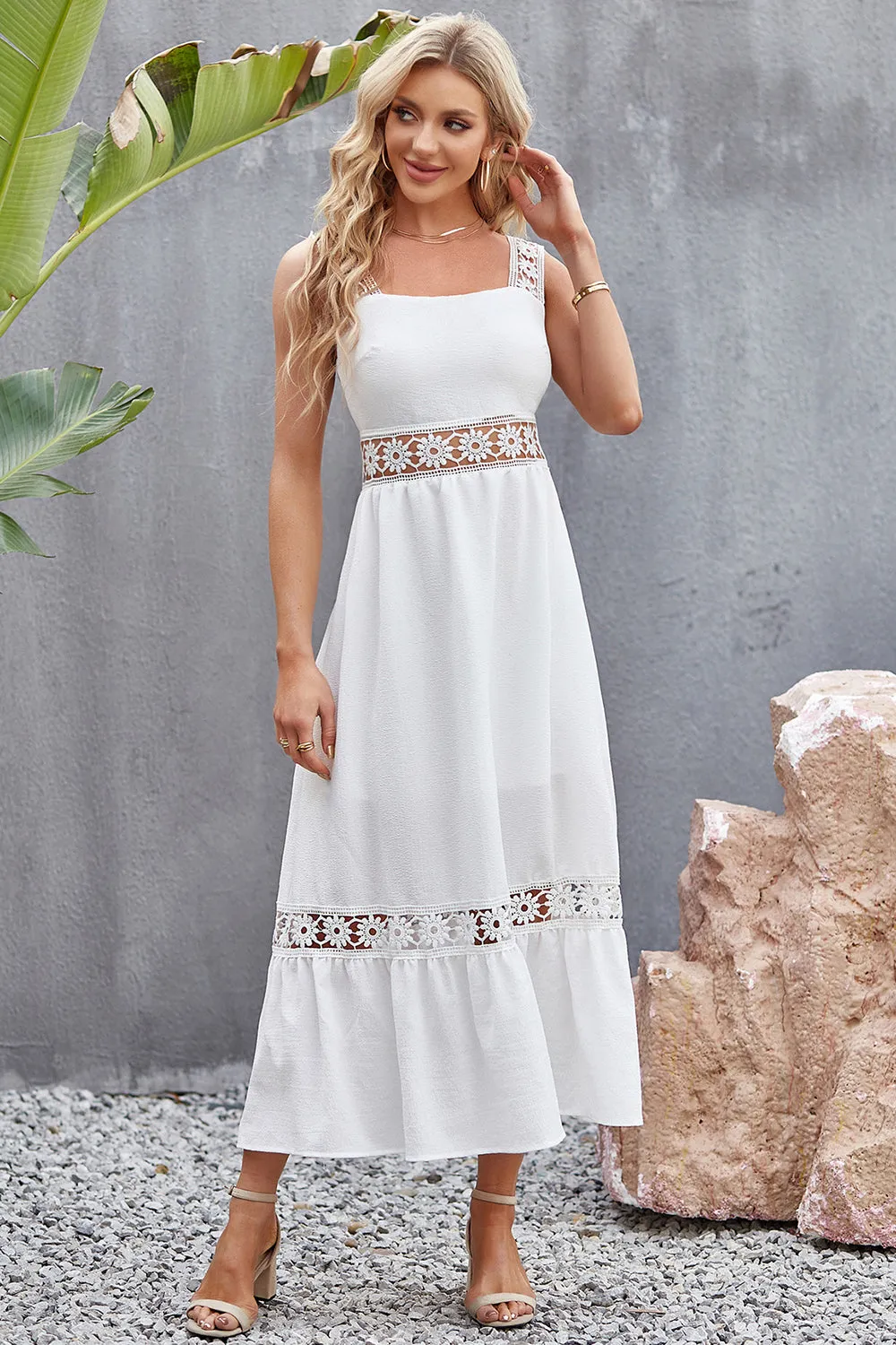 Beach Wedding Guest Women's Crochet Midi Dress with Wide Floral Straps