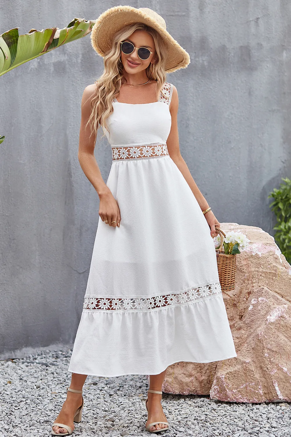 Beach Wedding Guest Women's Crochet Midi Dress with Wide Floral Straps