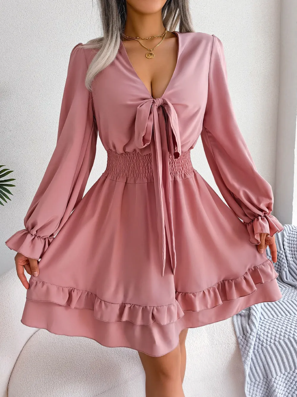 Beautiful Ruffles Lace Up Flowy Chiffon Dress