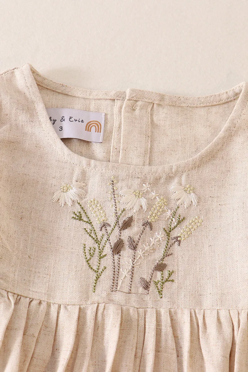 Beige daisy embroidery linen dress