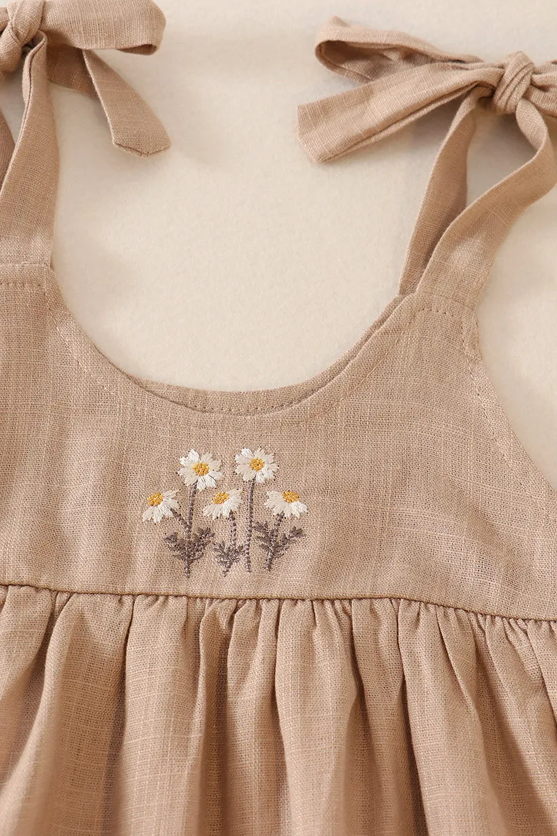 Beige linen floral embroidery ruffle strap bubble