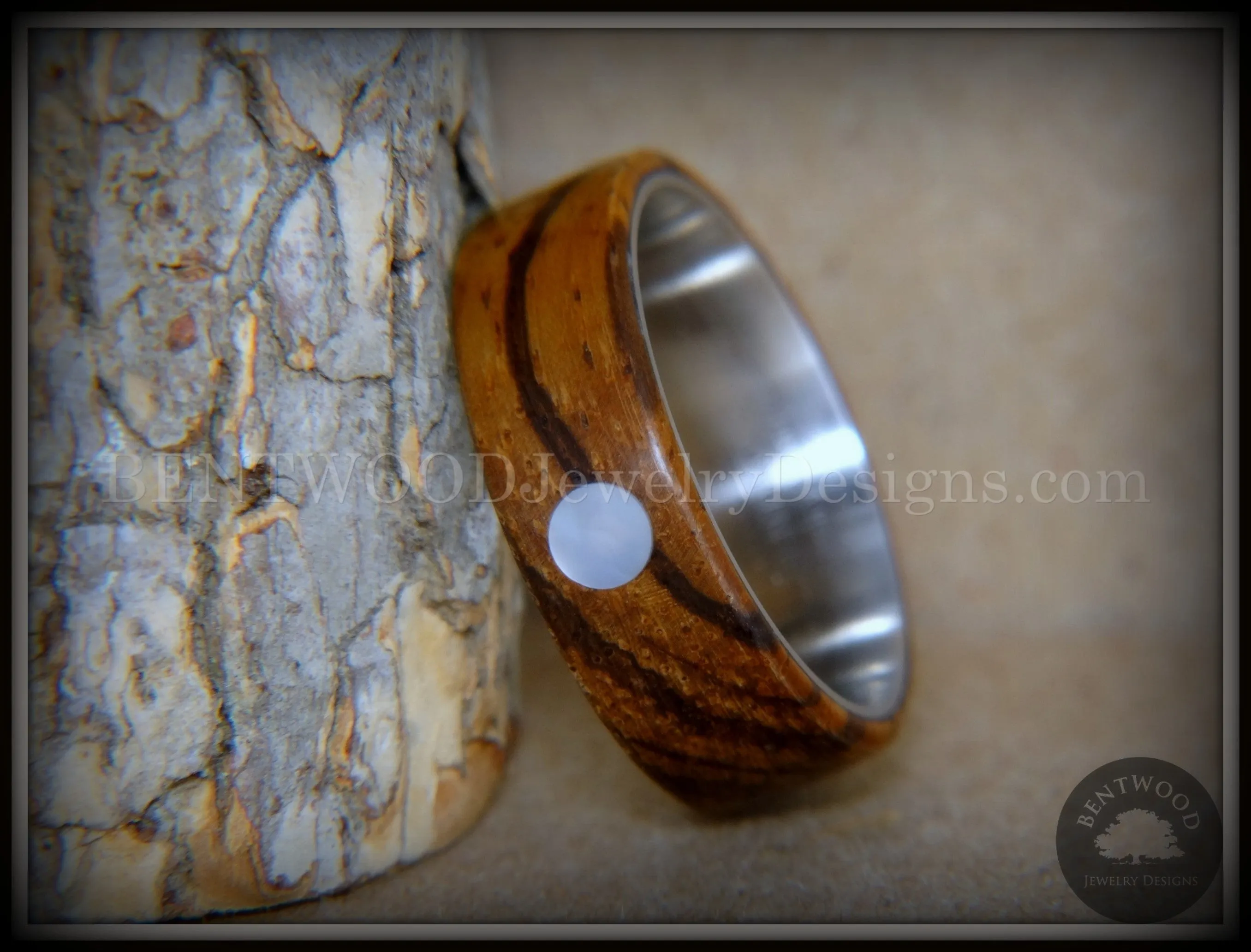 Bentwood Ring - Sea Pearl Zebrawood with Mother of Pearl Shell Inlay on Comfort Fit Surgical Steel Core