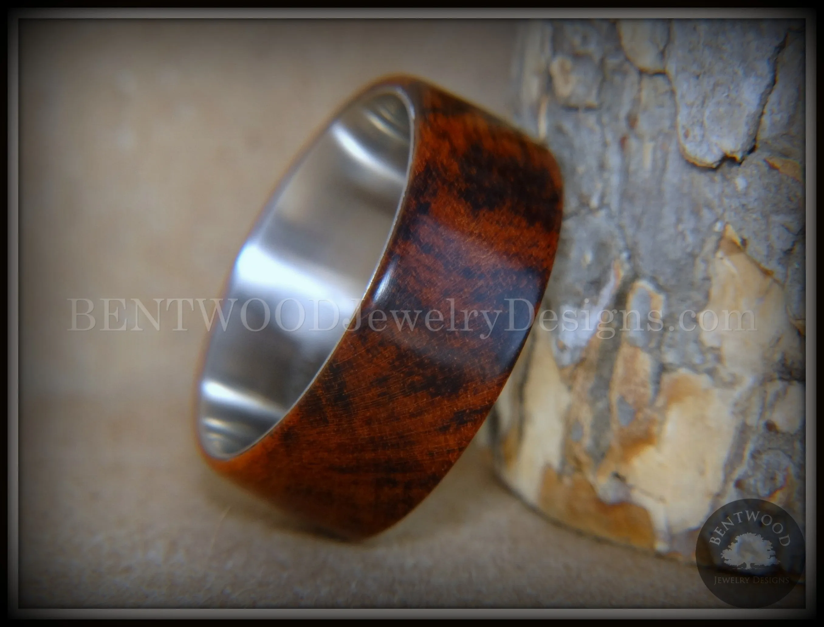 Bentwood Ring - Snake-Skin Snake Wood Ring on Titanium Steel Comfort Fit Metal Core     ***  Limited Supply  ***