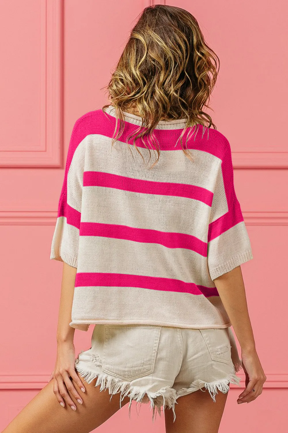 BiBi Contrast Striped Round Neck Knit Top