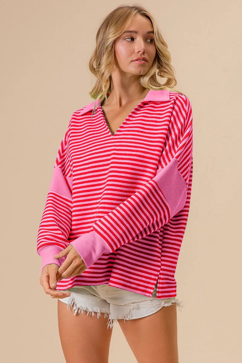 BiBi Striped Contrast Long Sleeve Knit Top