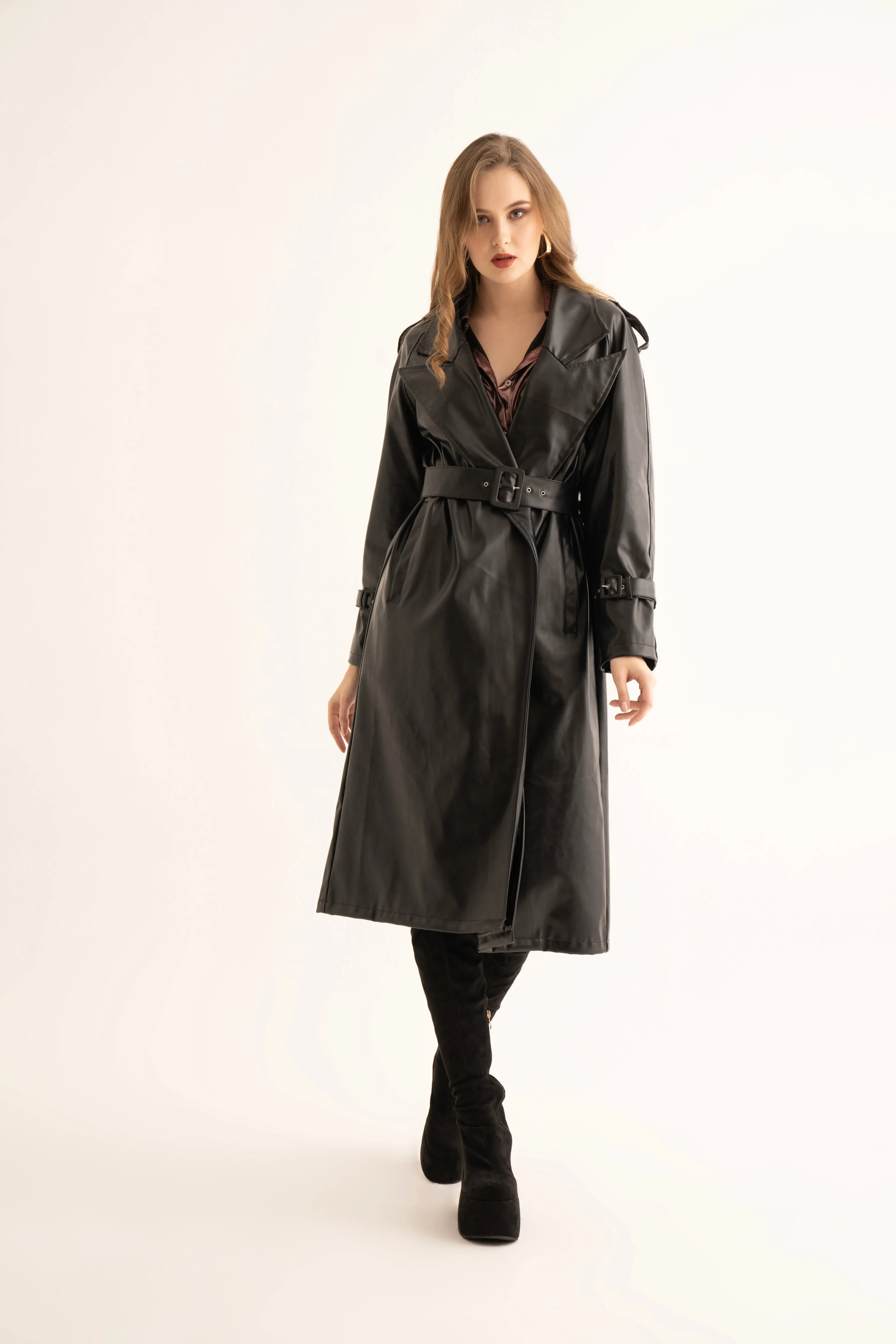 Black Faux Leather Trench