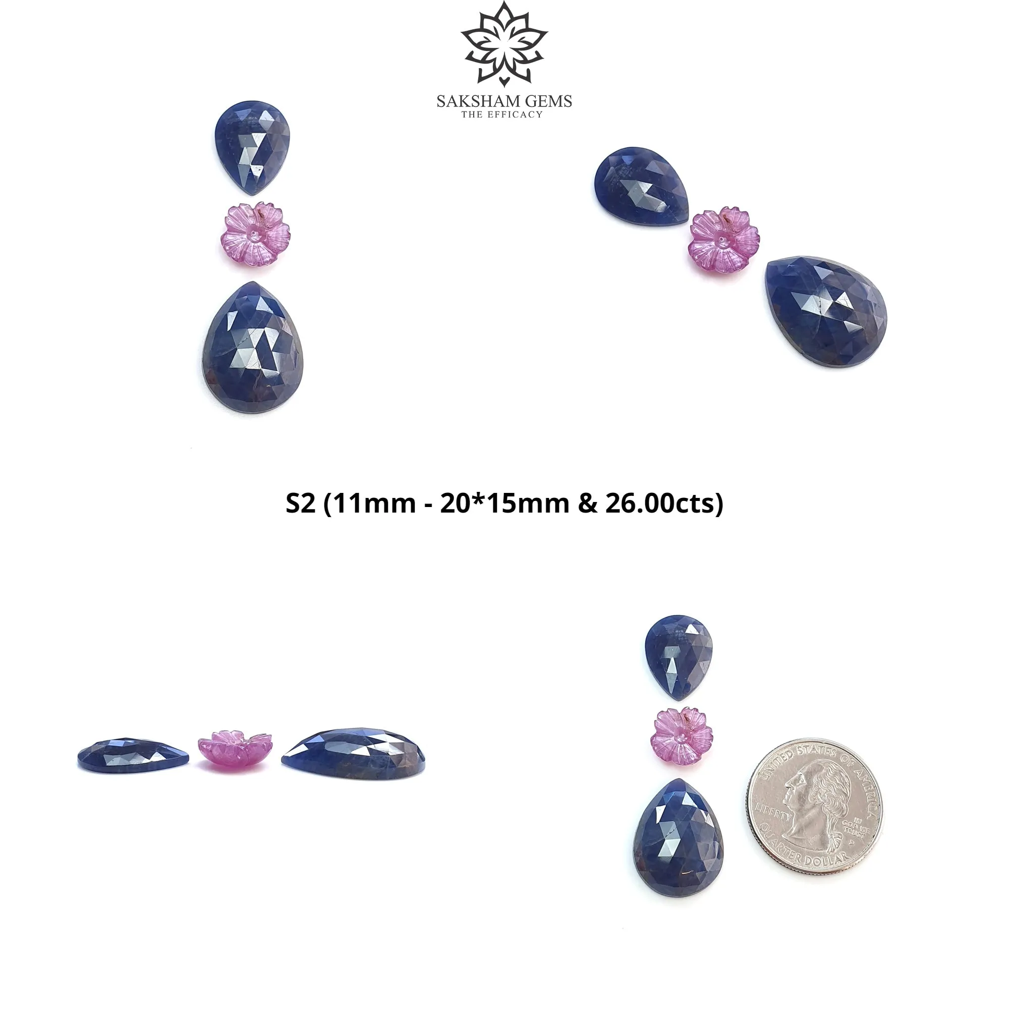 Blue & Pink Sapphire Gemstone Rose Cut And Carving : Natural Untreated Unheated Sapphire Round Flower With Pear Shape 3pcs Sets