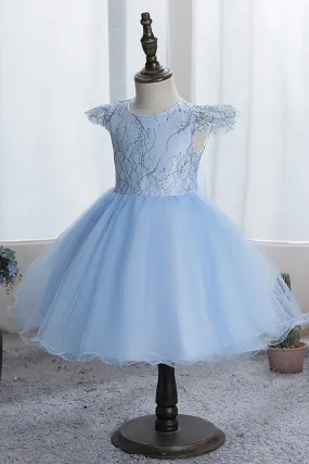 Blue Short Ball Gown Scoop Tulle Lace Flower Girl Dresses with Cap Sleeve